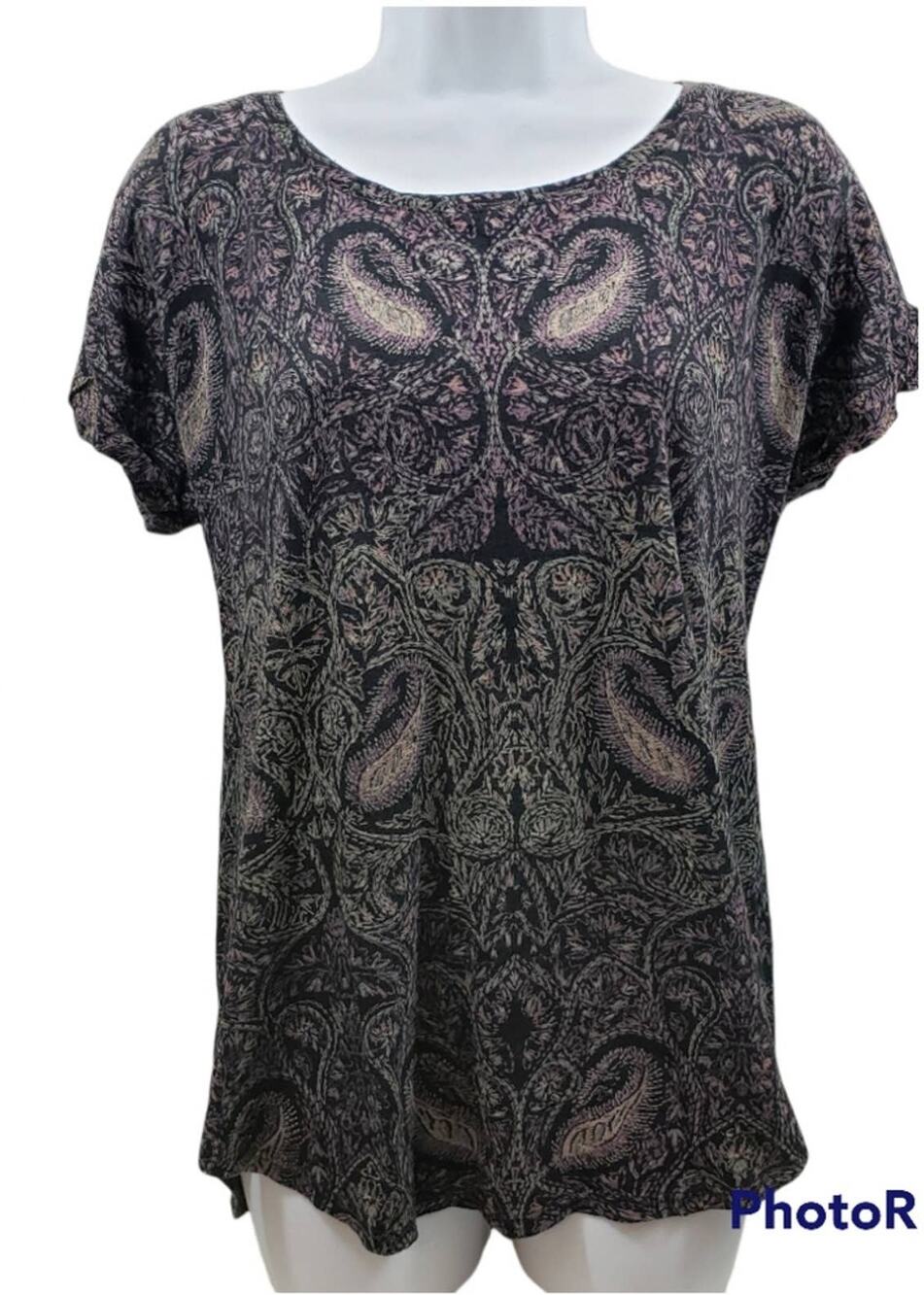 Lucky Brand Multi-Colored Split Tail Back Paisley Short Sleeve Top Size M